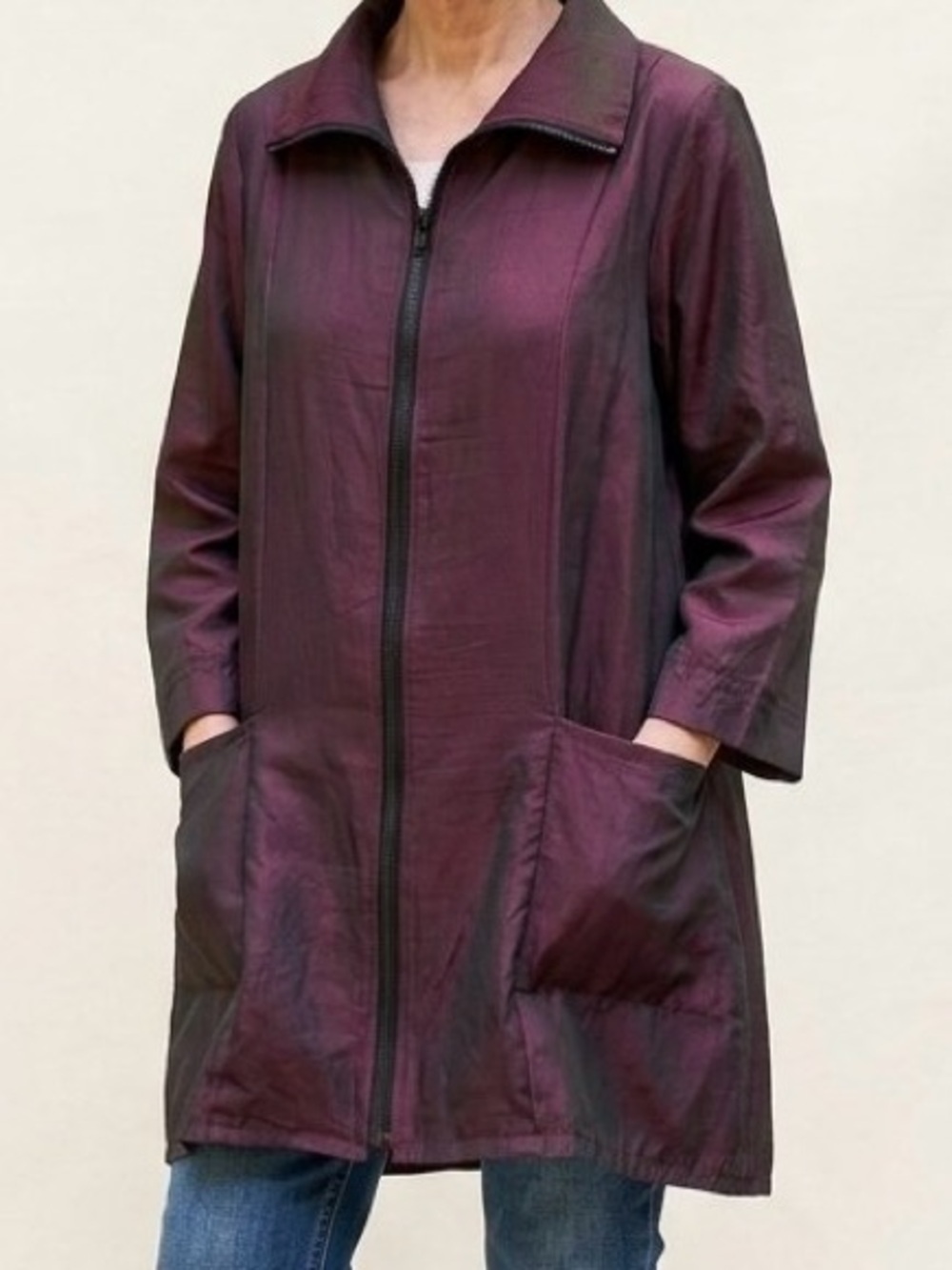 Vintage Burgundy Iridescent Nylon Zip Jacket Mid Length Relaxed Lagenlook S/M